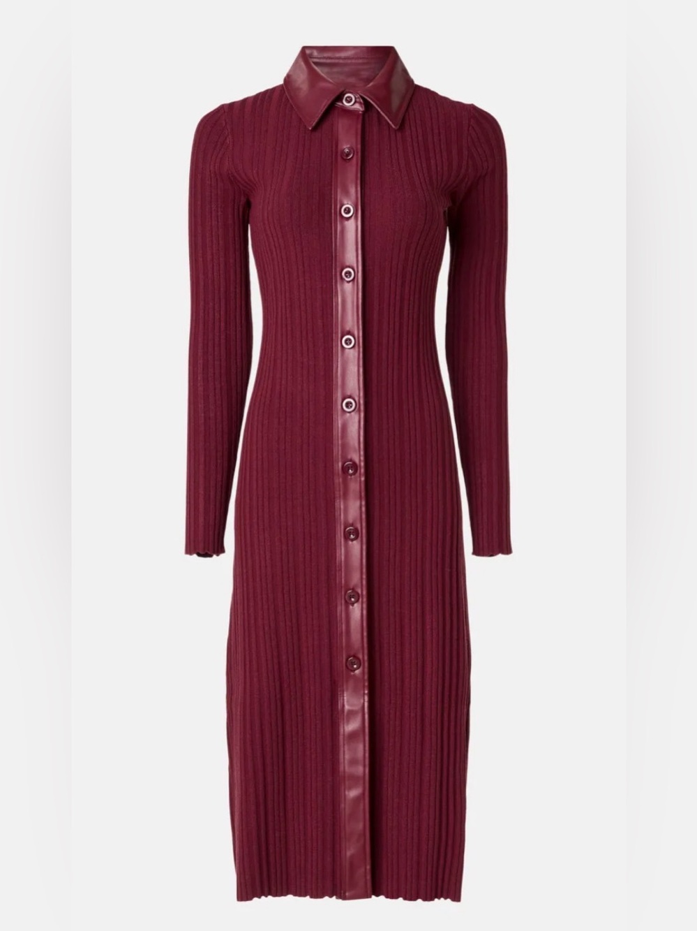 Long-Sleeve Burgundy Ribbed Button-Front Dress